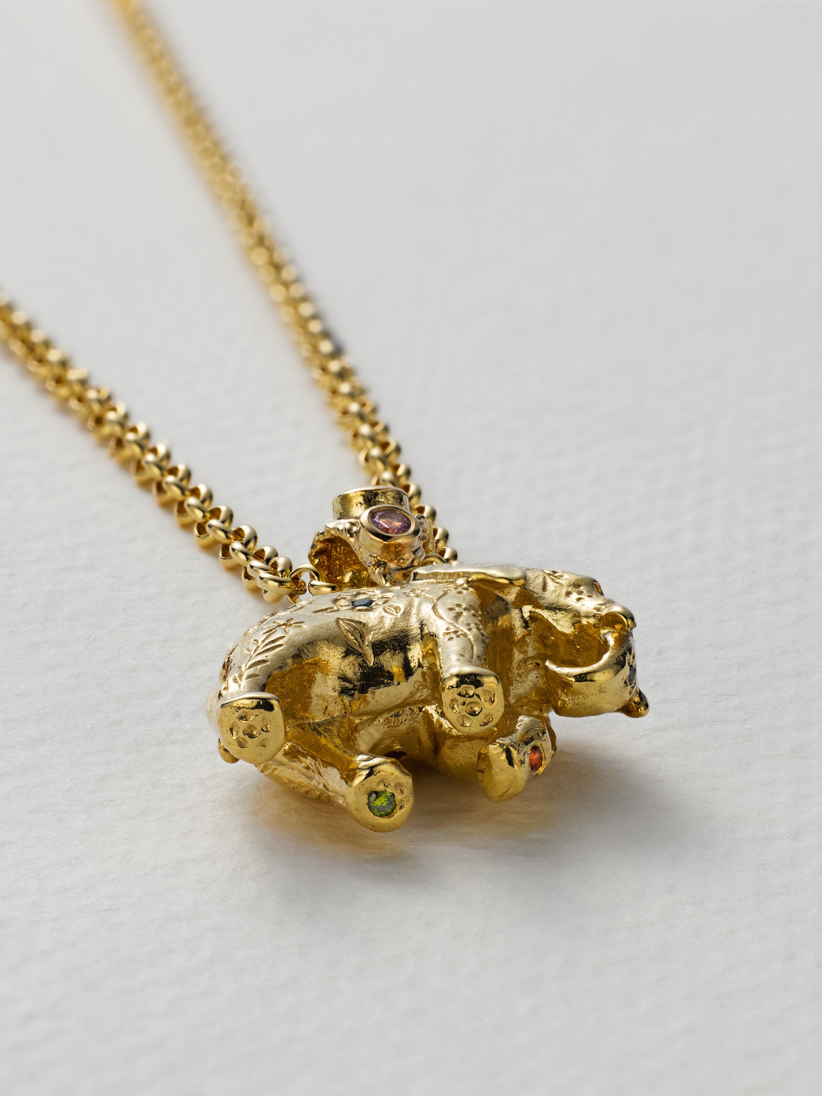 Floral Engraved Elephant Necklace with Rainbow Sapphires and Diamonds - image 8