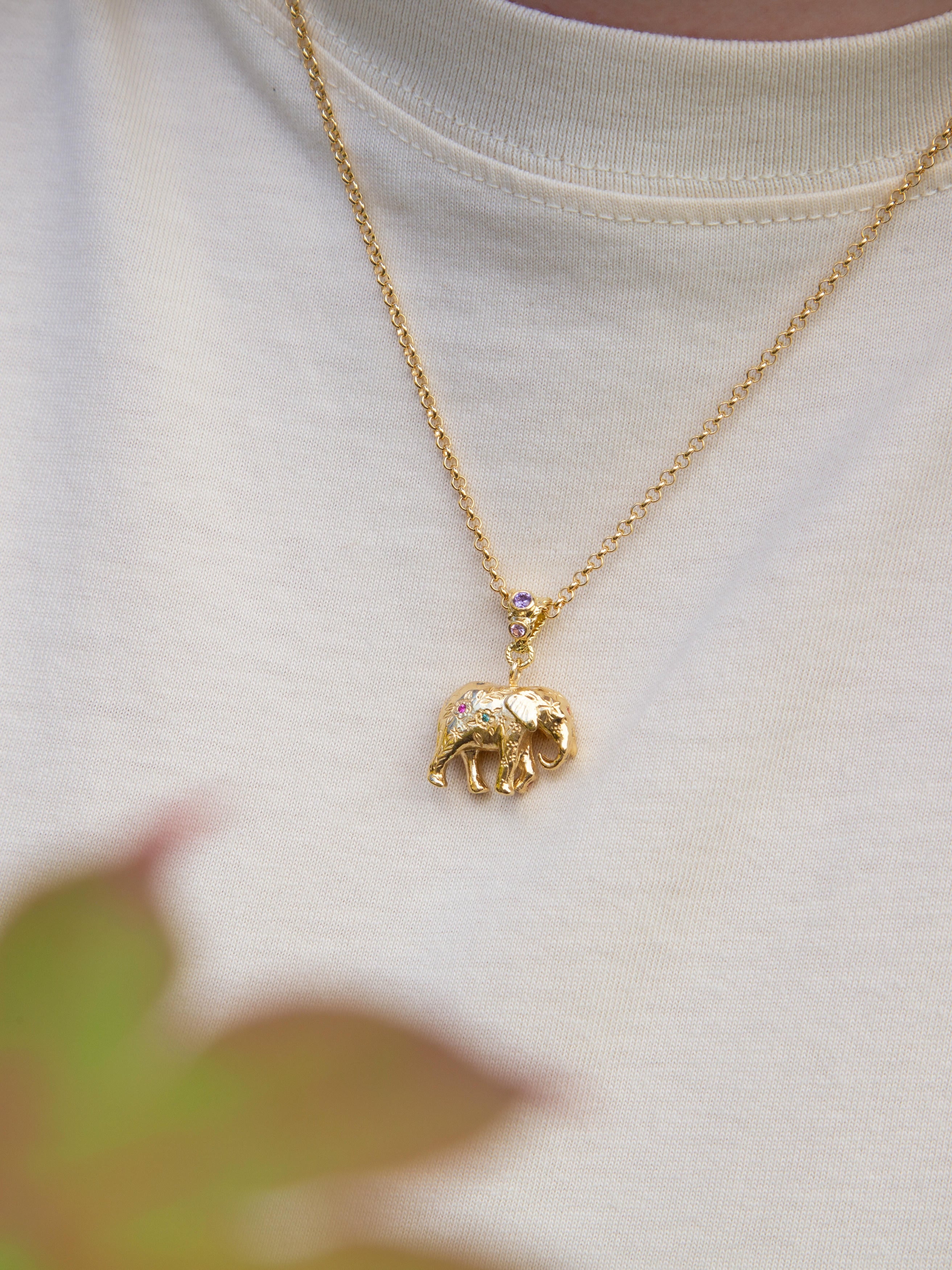 Floral Engraved Elephant Necklace with Rainbow Sapphires and Diamonds - image 2