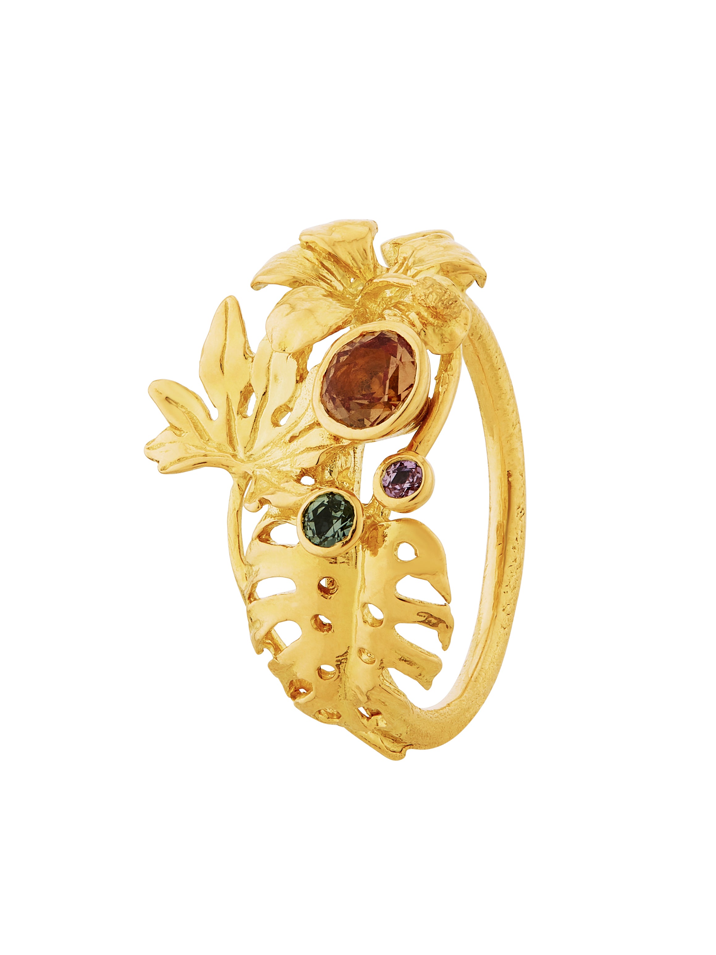 Tropical Leaf & Flower Ring, with 'Hot House' Madagascan Sapphires - image 1 | 18ct yellow gold