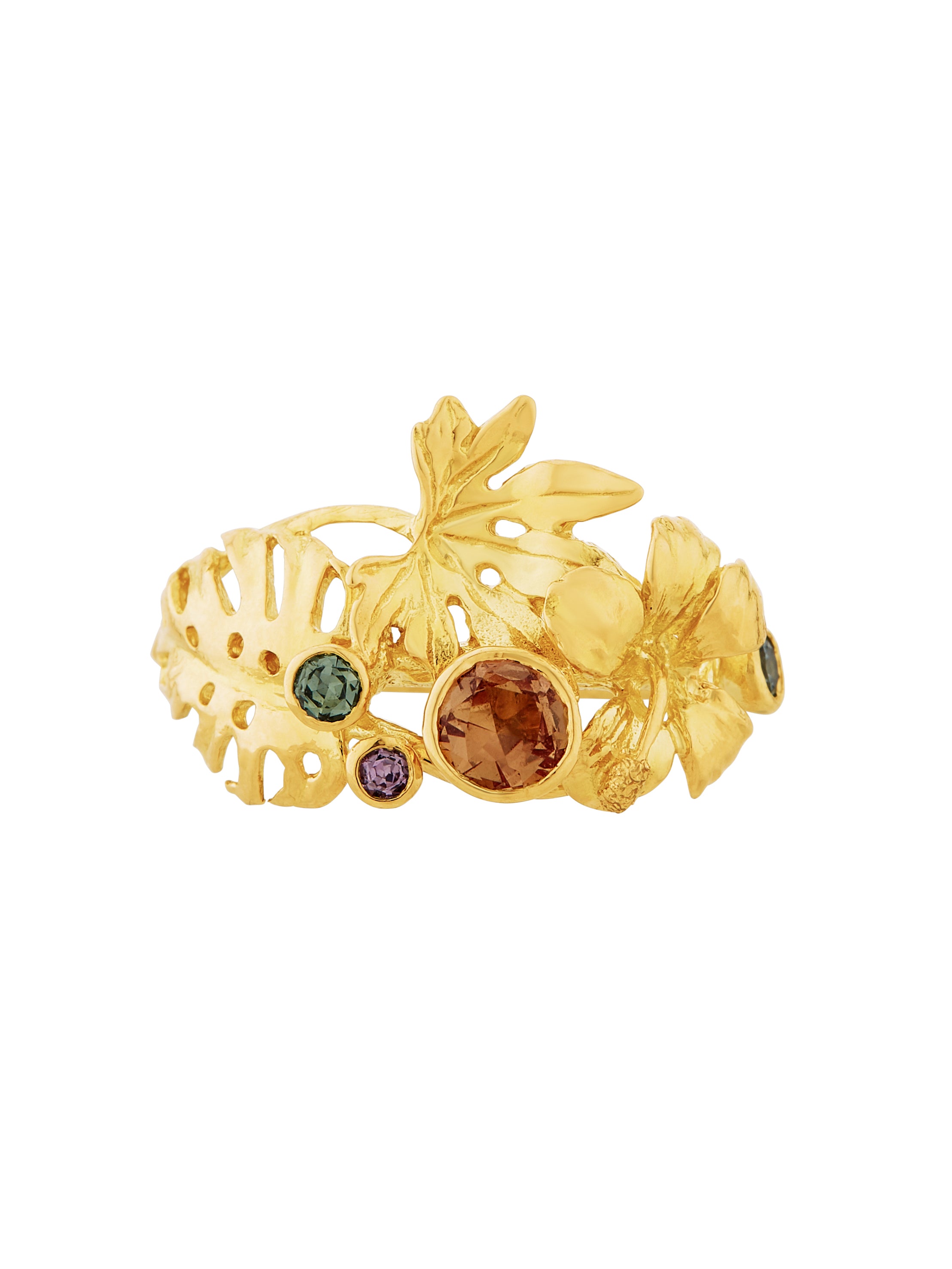 Tropical Leaf & Flower Ring, with 'Hot House' Madagascan Sapphires - image 3 | 18ct yellow gold