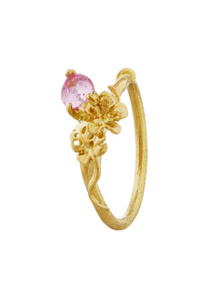 Tropical Hibiscus & Monstera Leaf Ring with Intense Pink Sapphire