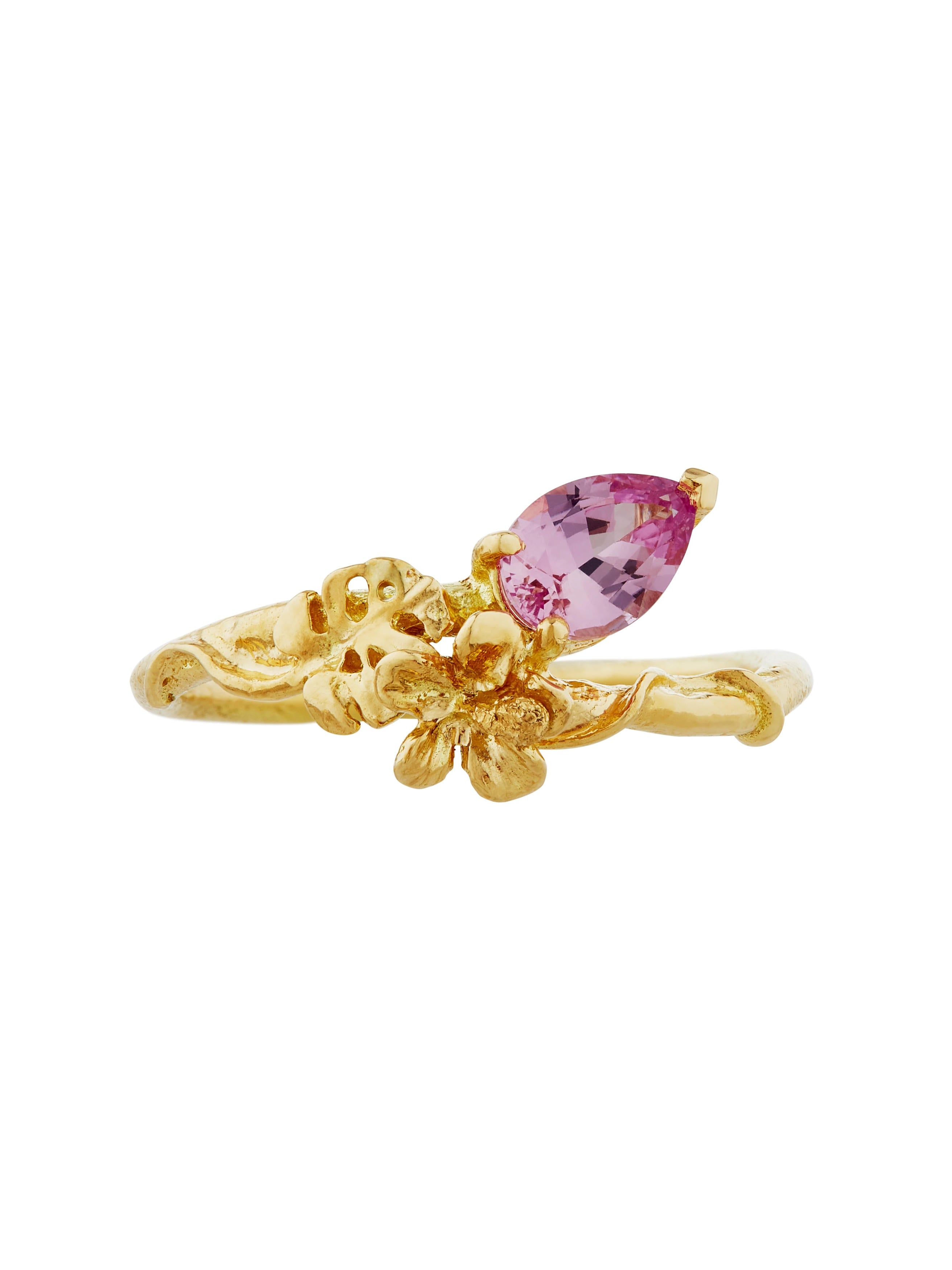 Tropical Hibiscus & Monstera Leaf Ring with Intense Pink Sapphire - image 3 | 18ct yellow gold