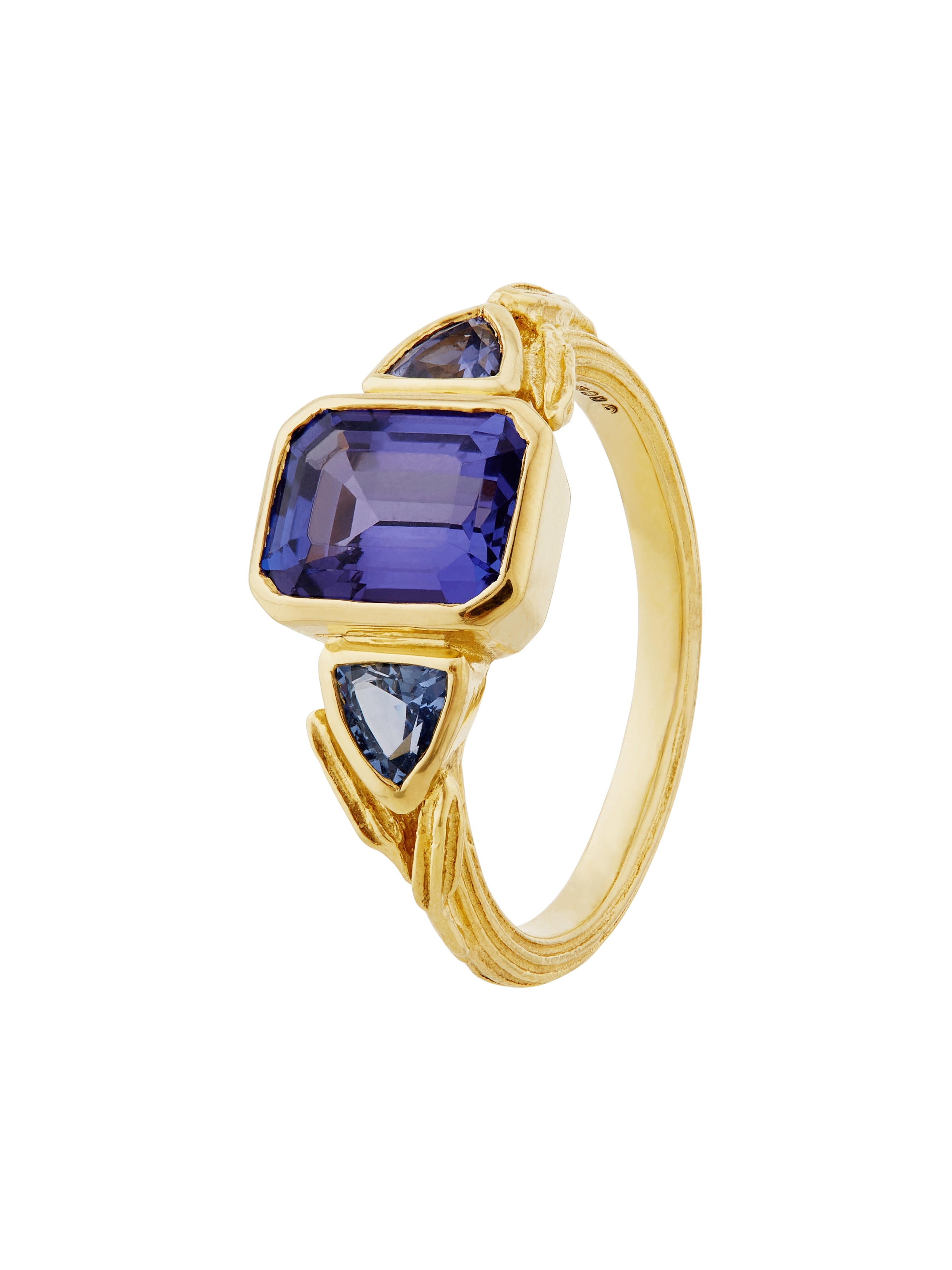 Fennel Seed Deco Trilogy Ring with Tanzanite and Sapphires - image 1 | 18ct yellow gold