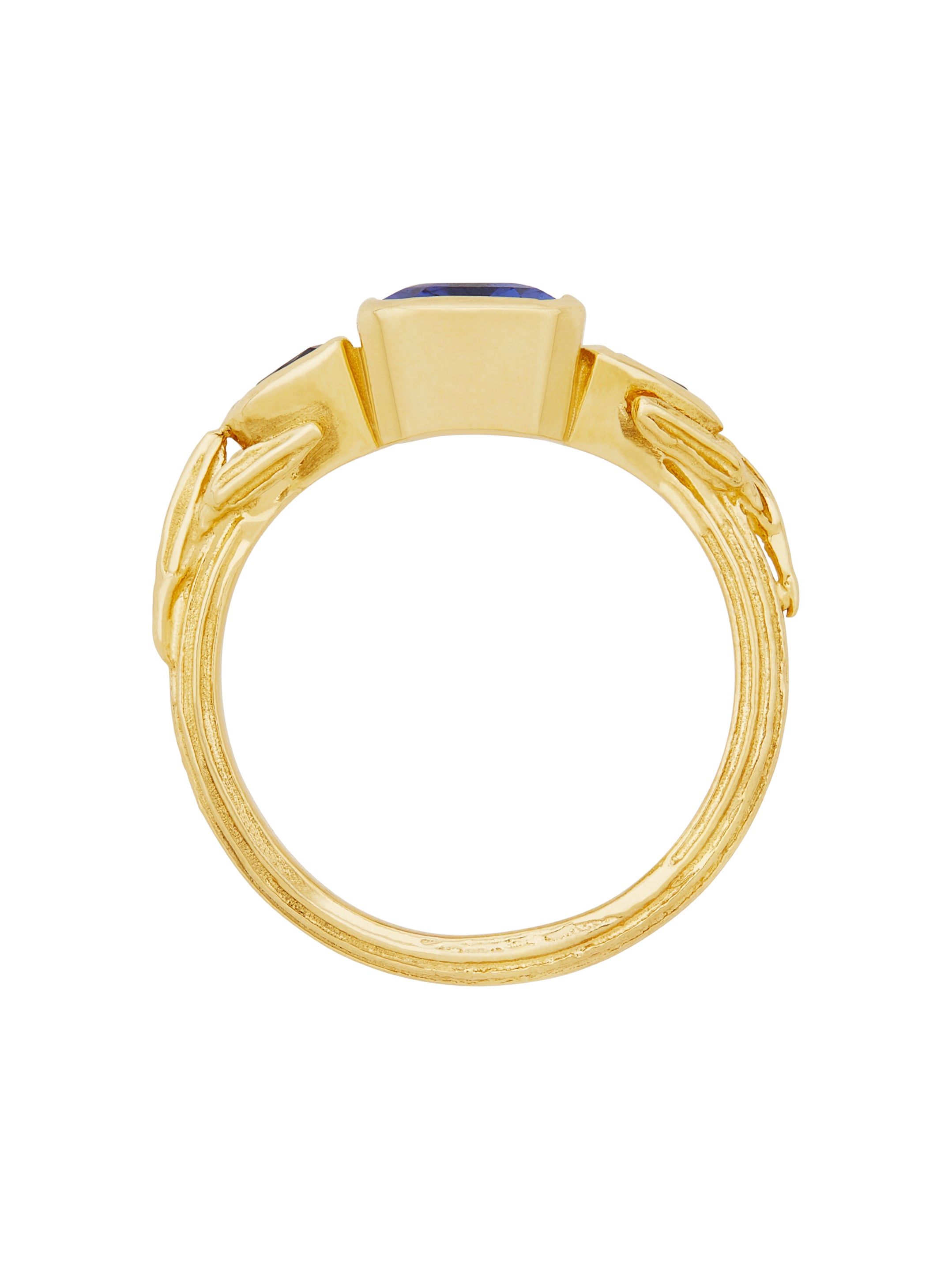 Fennel Seed Deco Trilogy Ring with Tanzanite and Sapphires - image 3 | 18ct yellow gold