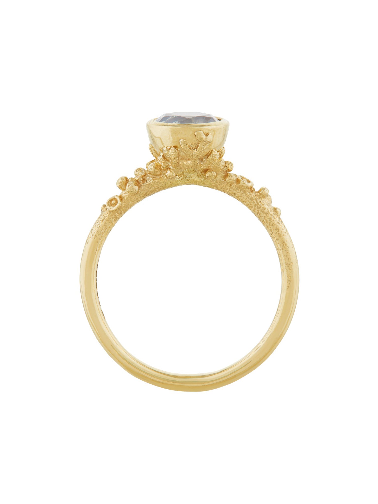 Ocean Coral Ring with Bezel Set Ice Blue Round Silky Sapphire - image 2 | 18ct yellow gold