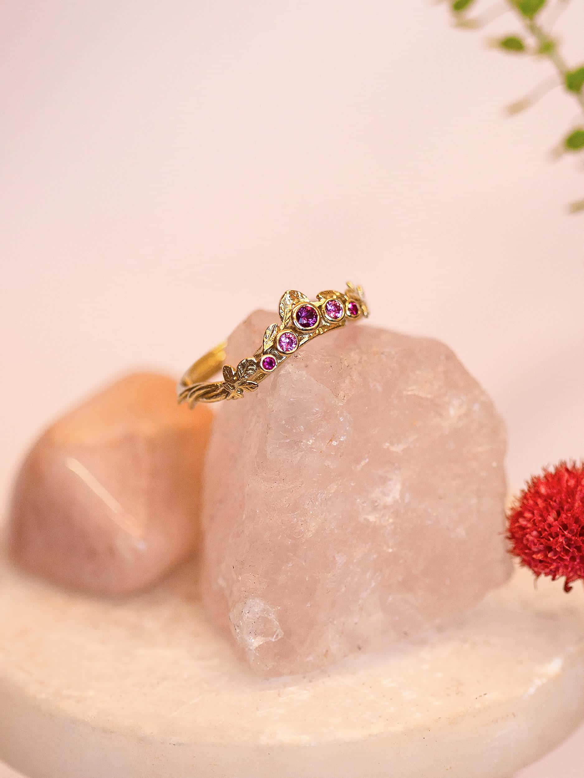 Curved Wildrose Leaf Band with Five Graduated Bezel Set Rubies - image 3