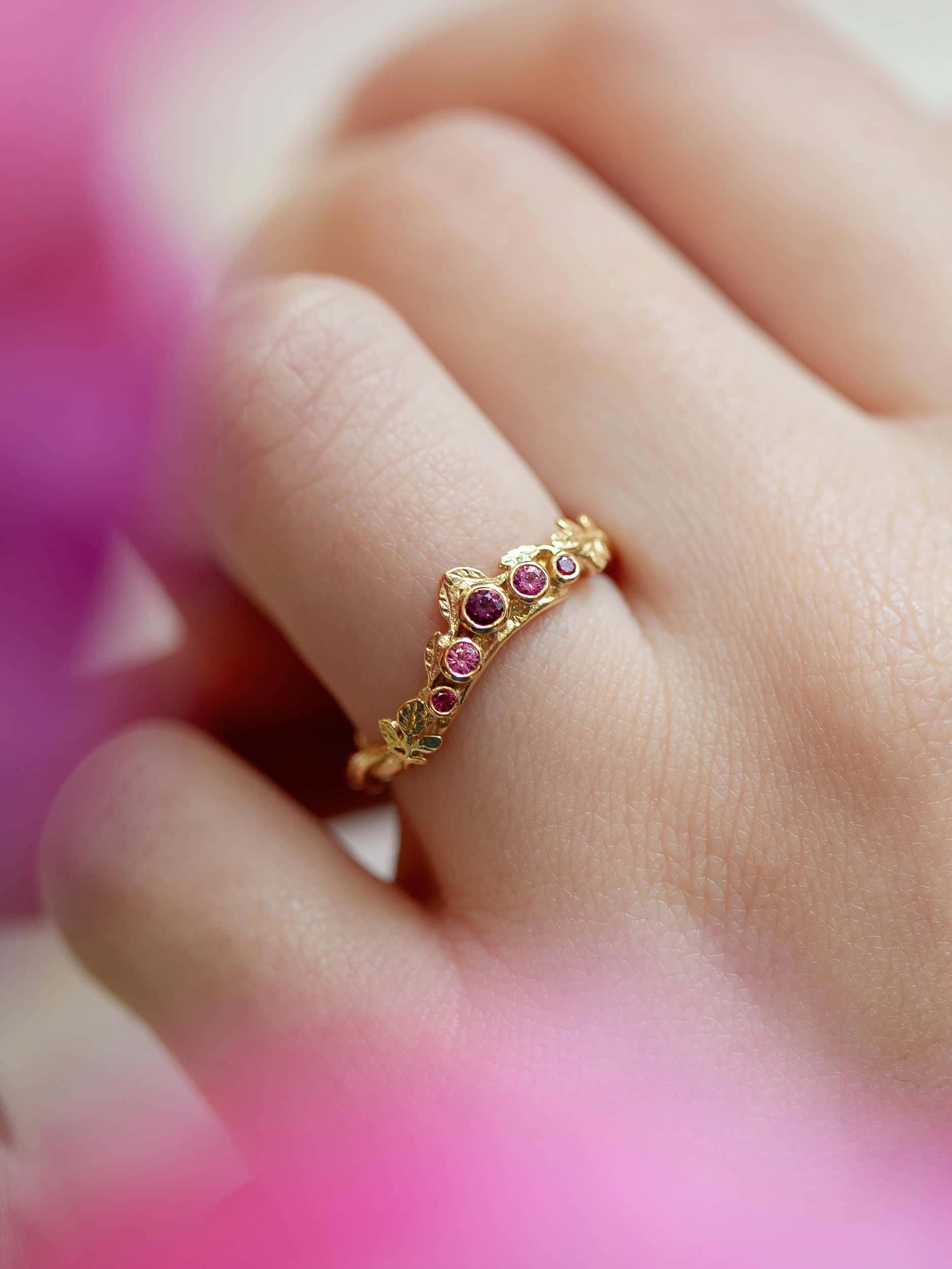 Curved Wildrose Leaf Band with Five Graduated Bezel Set Rubies - image 2