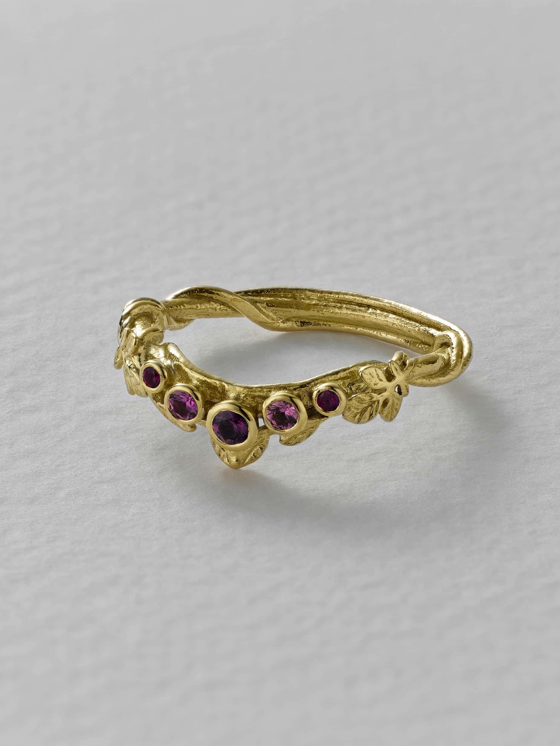 Curved Wildrose Leaf Band with Five Graduated Bezel Set Rubies - image 5 | silver