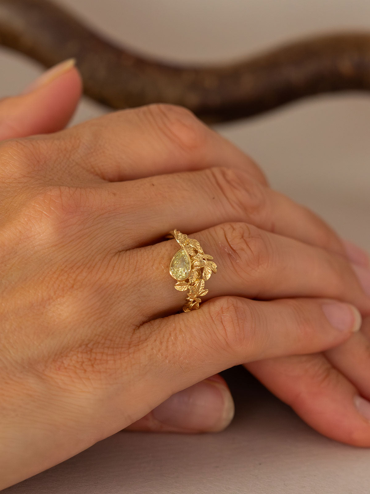 Asymmetric Arbor Ring with 0.70ct Pear Brilliant Fancy Light Yellow Natural Untreated Diamond - image 2 | 18ct yellow gold