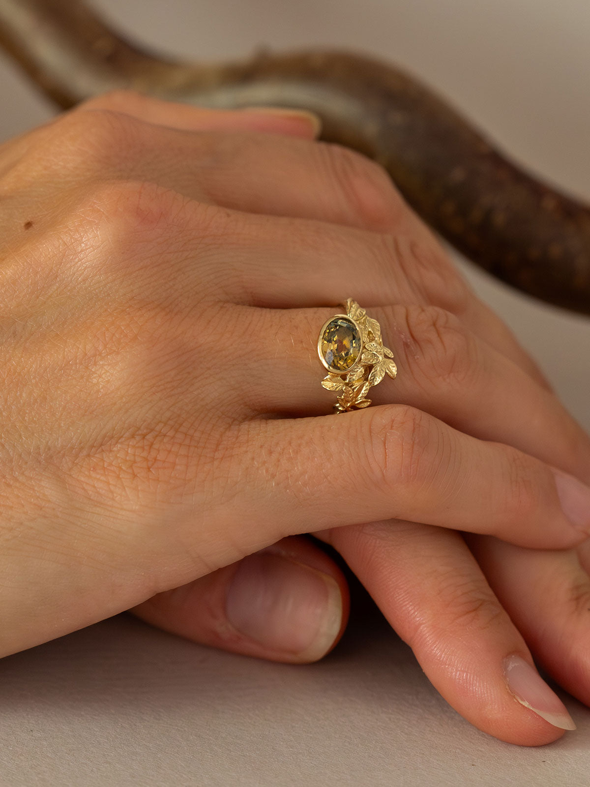 Asymmetric Arbor Ring with 1.86ct Oval Faceted Golden Yellow Brown and Green Bi-Colour Natural Montana Sapphire - image 4 | 18ct yellow gold
