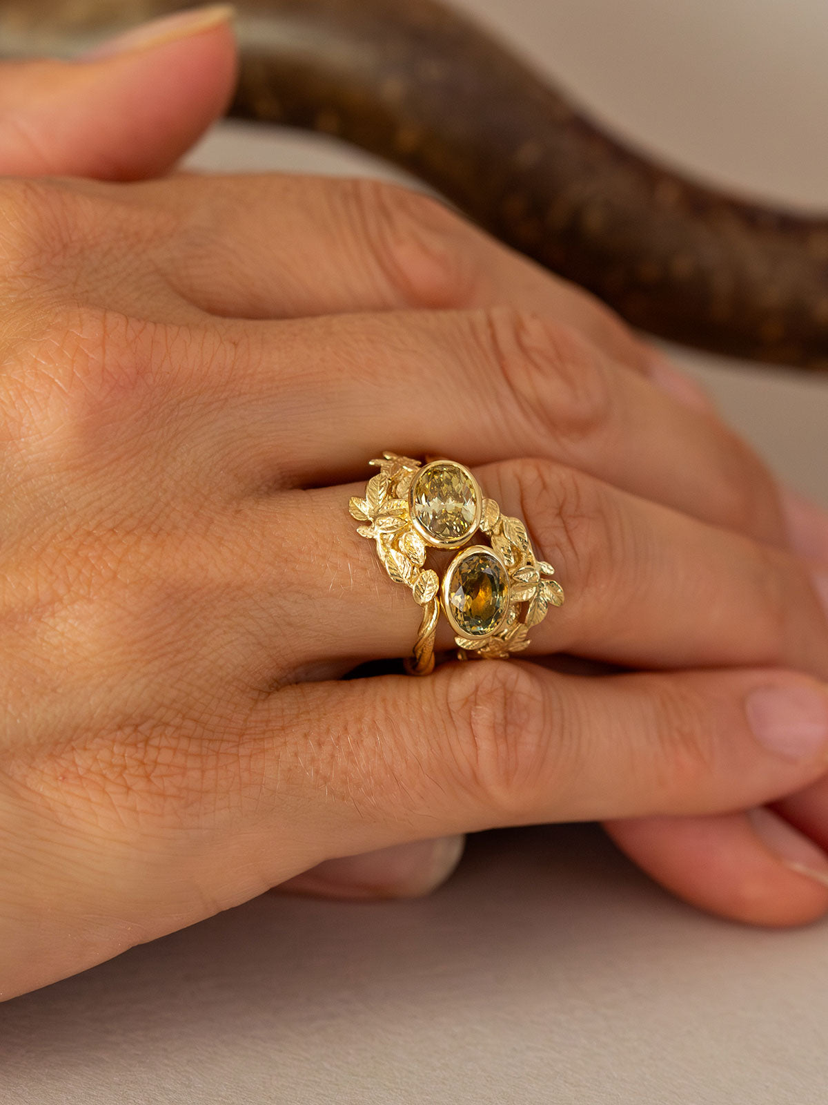 Asymmetric Arbor Ring with 1.86ct Oval Faceted Golden Yellow Brown and Green Bi-Colour Natural Montana Sapphire - image 5 | model | 18ct yellow gold