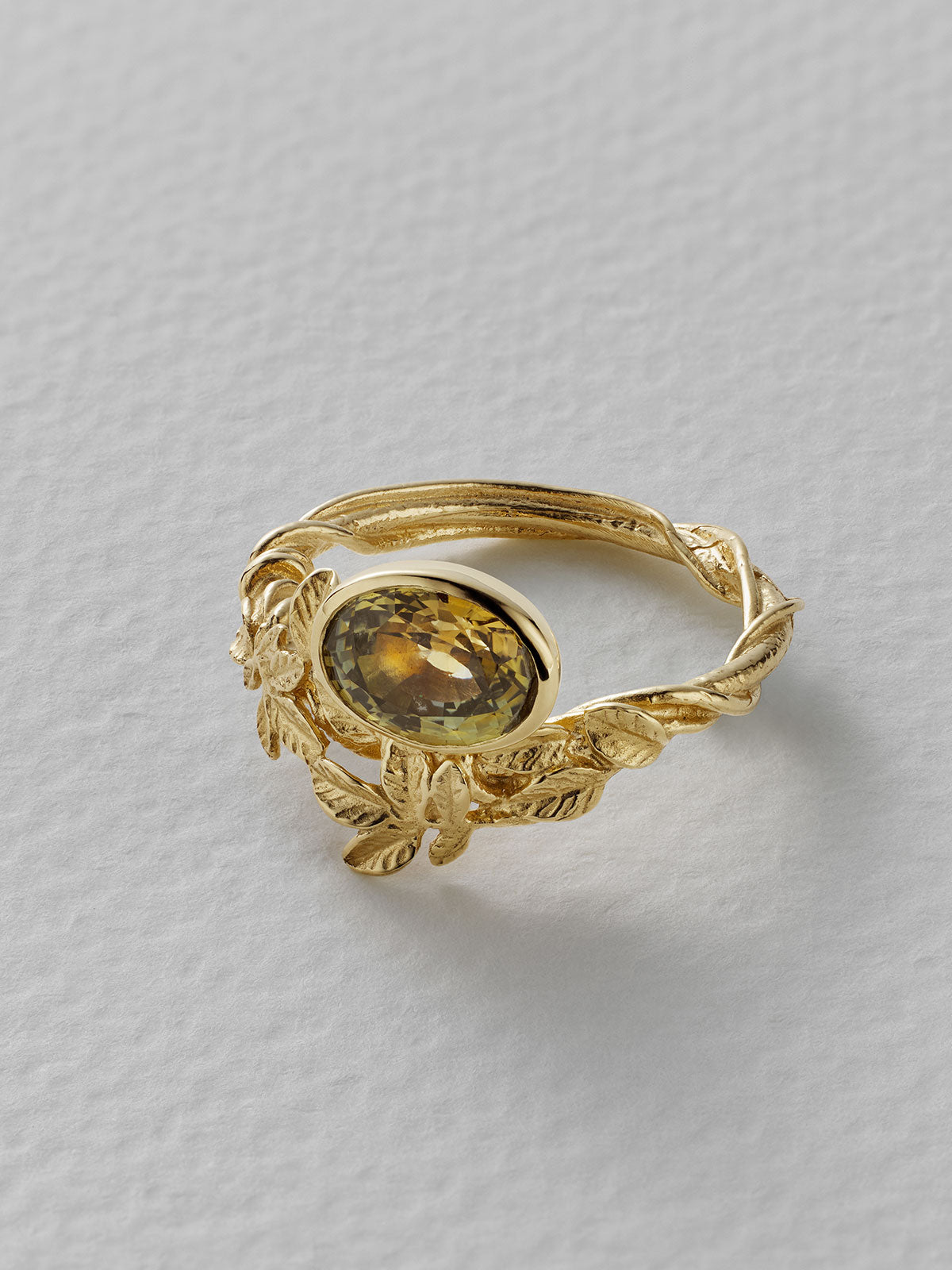 Asymmetric Arbor Ring with 1.86ct Oval Faceted Golden Yellow Brown and Green Bi-Colour Natural Montana Sapphire - image 2 | 18ct yellow gold