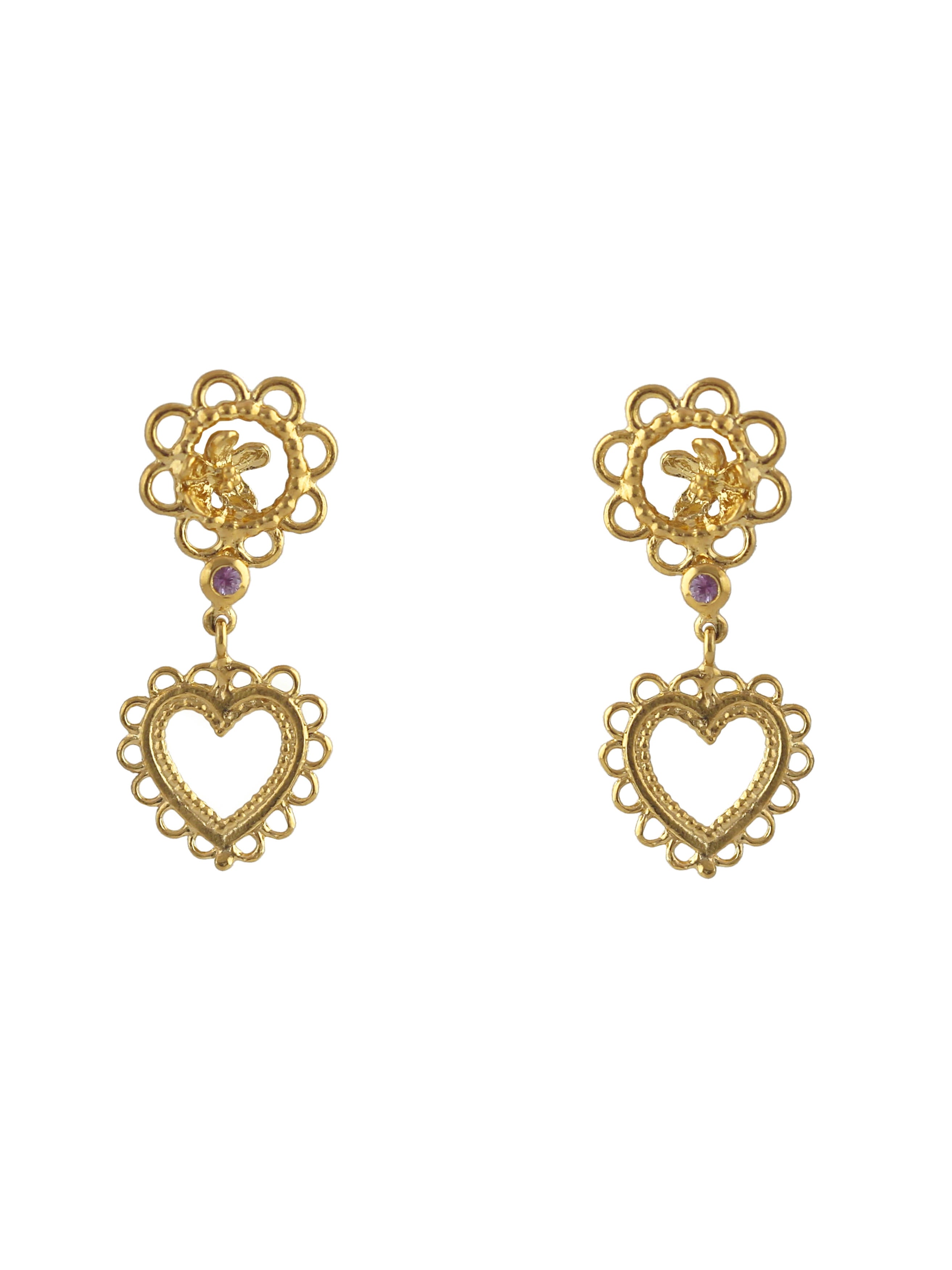 Lace Edged Heart Drop Earrings with Pink Sapphires - image 1 | gold plate