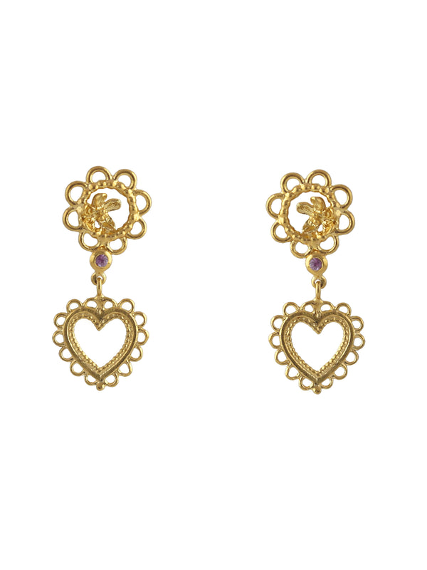 Lace Edged Heart Drop Earrings with Pink Sapphires