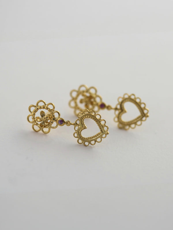 Lace Edged Heart Drop Earrings with Pink Sapphires
