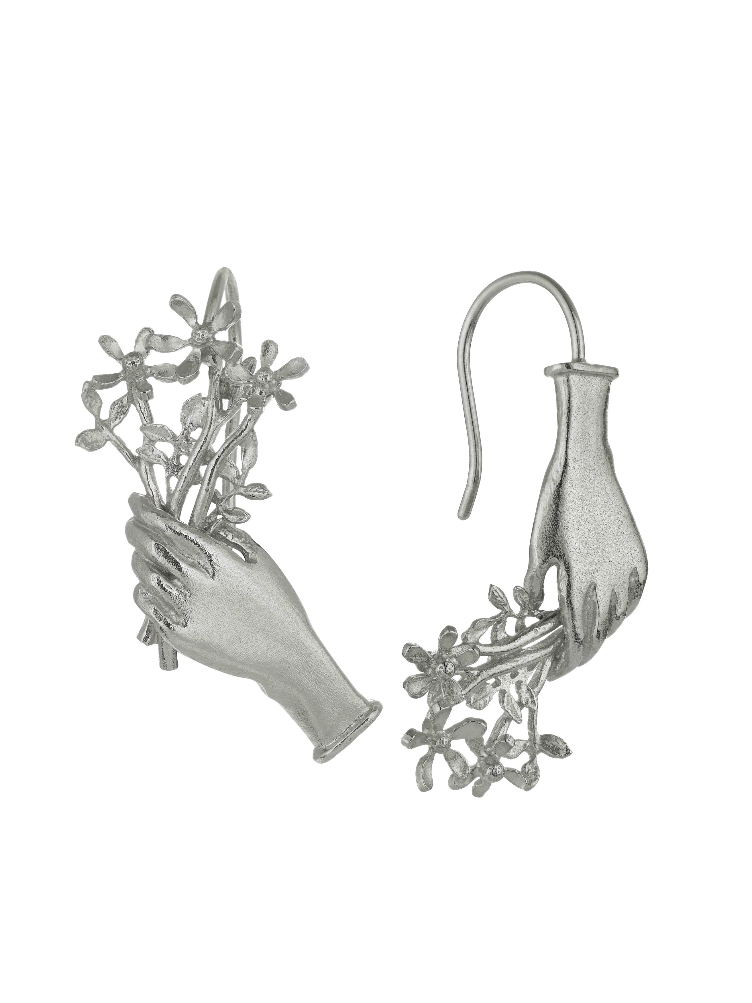 Asymmetric Gift of Flowers Bouquet Drop Earrings - image 7 | silver