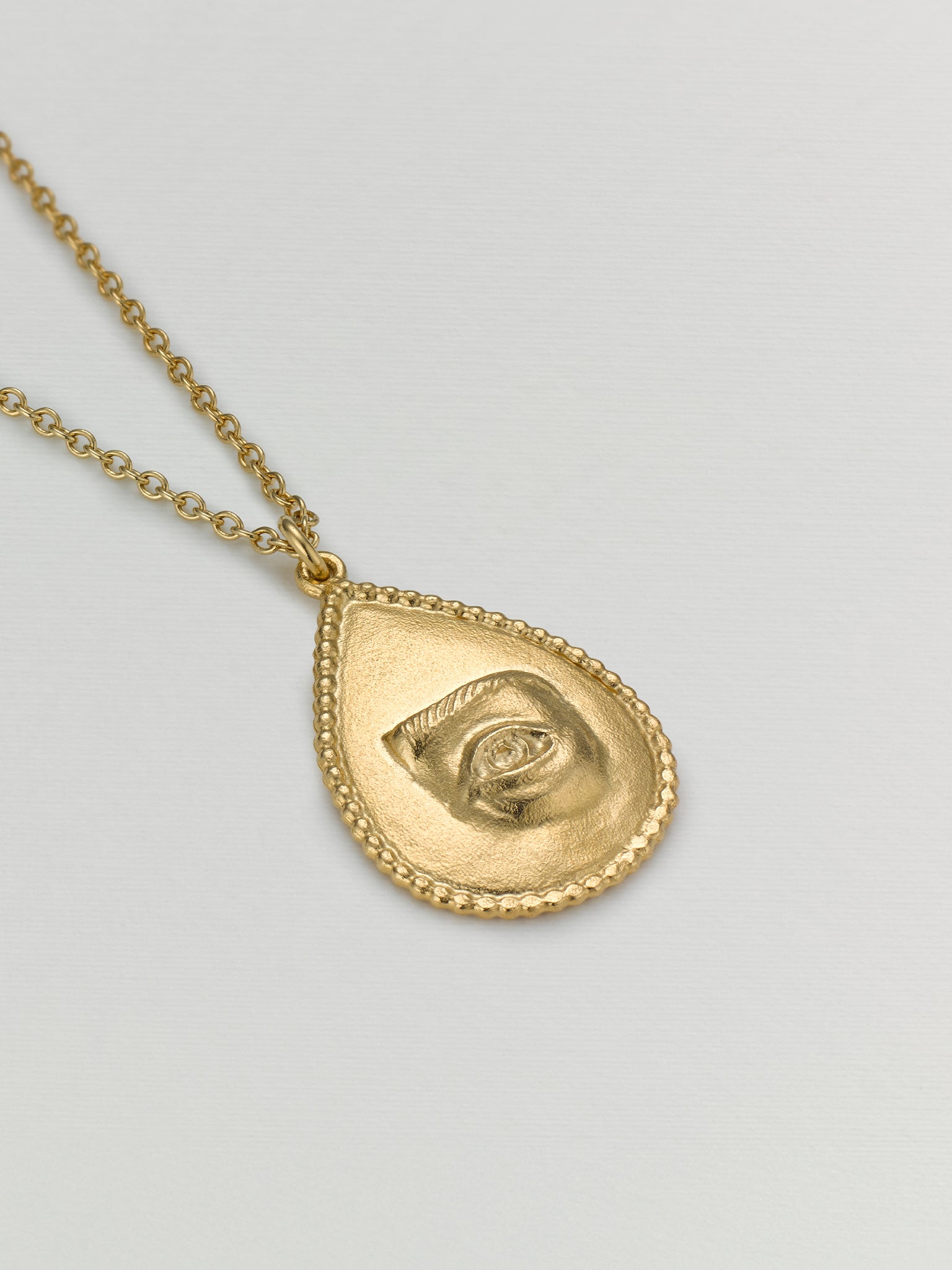 Sense of Sight Eye Pendant Necklace Engraved with Dew Drops on Reverse - image 3 | gold plate