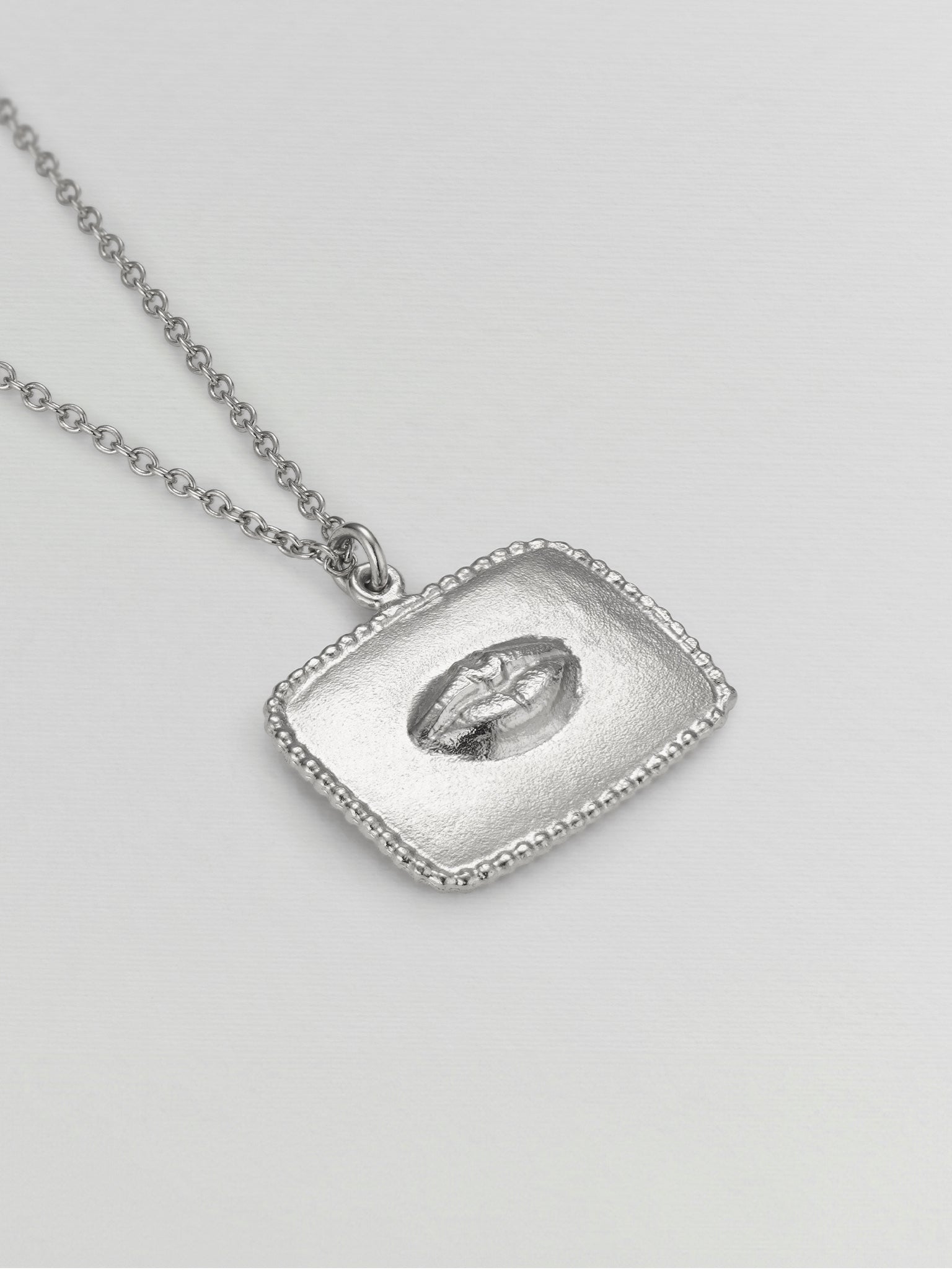Sense of Taste Lips Pendant Necklace Engraved with Strawberries on Reverse - image 6 | silver