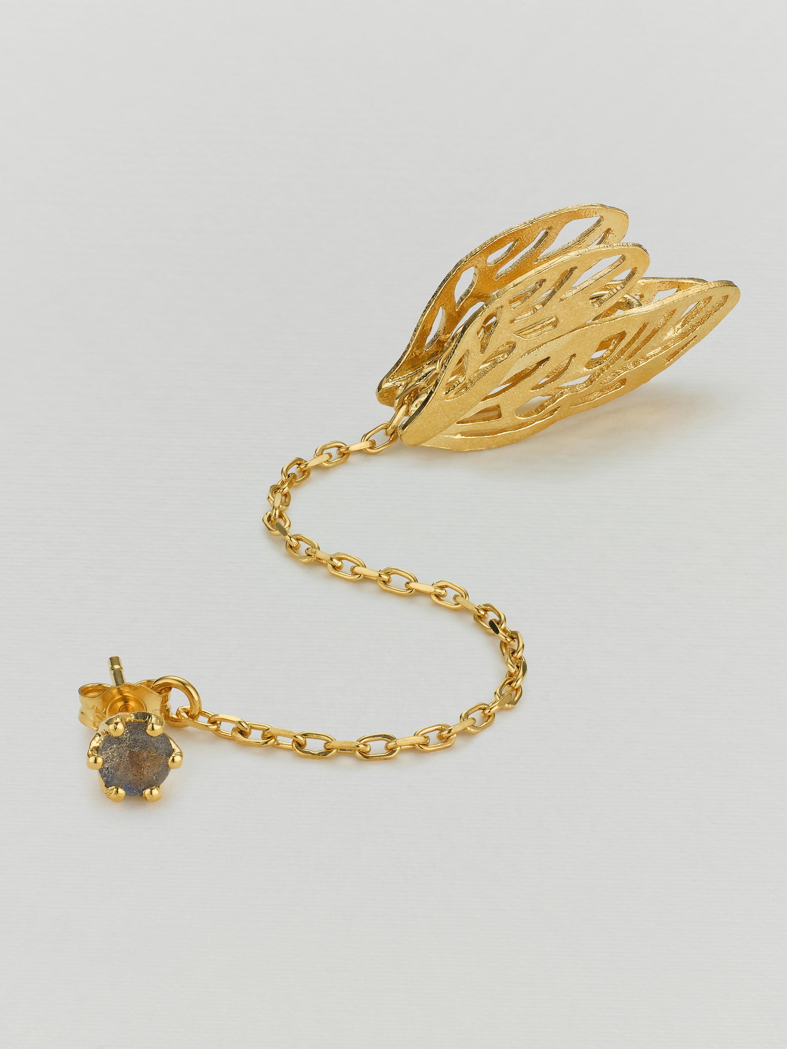 Small Landed Dragonfly Wing Ear-Cuff with Chain Linked Stud - image 2 | gold plate