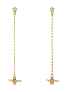Diamond Stud Earrings with Fine Chain Bee Drops