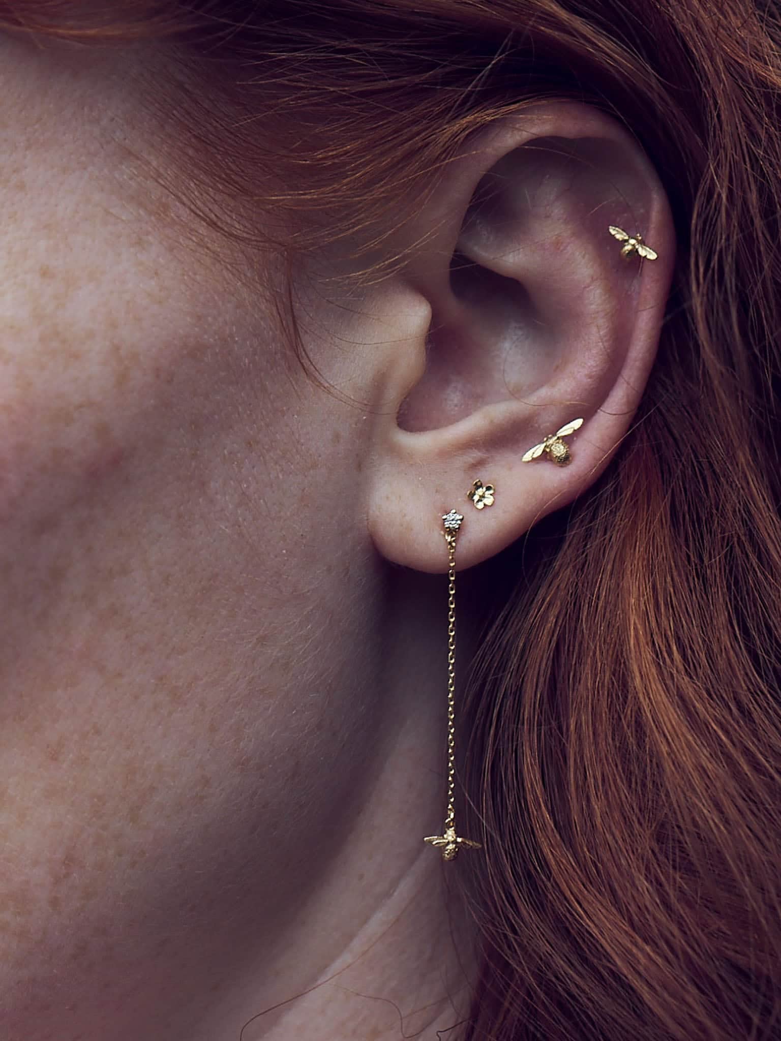 Diamond Stud Earrings with Fine Chain Bee Drops - image 2
