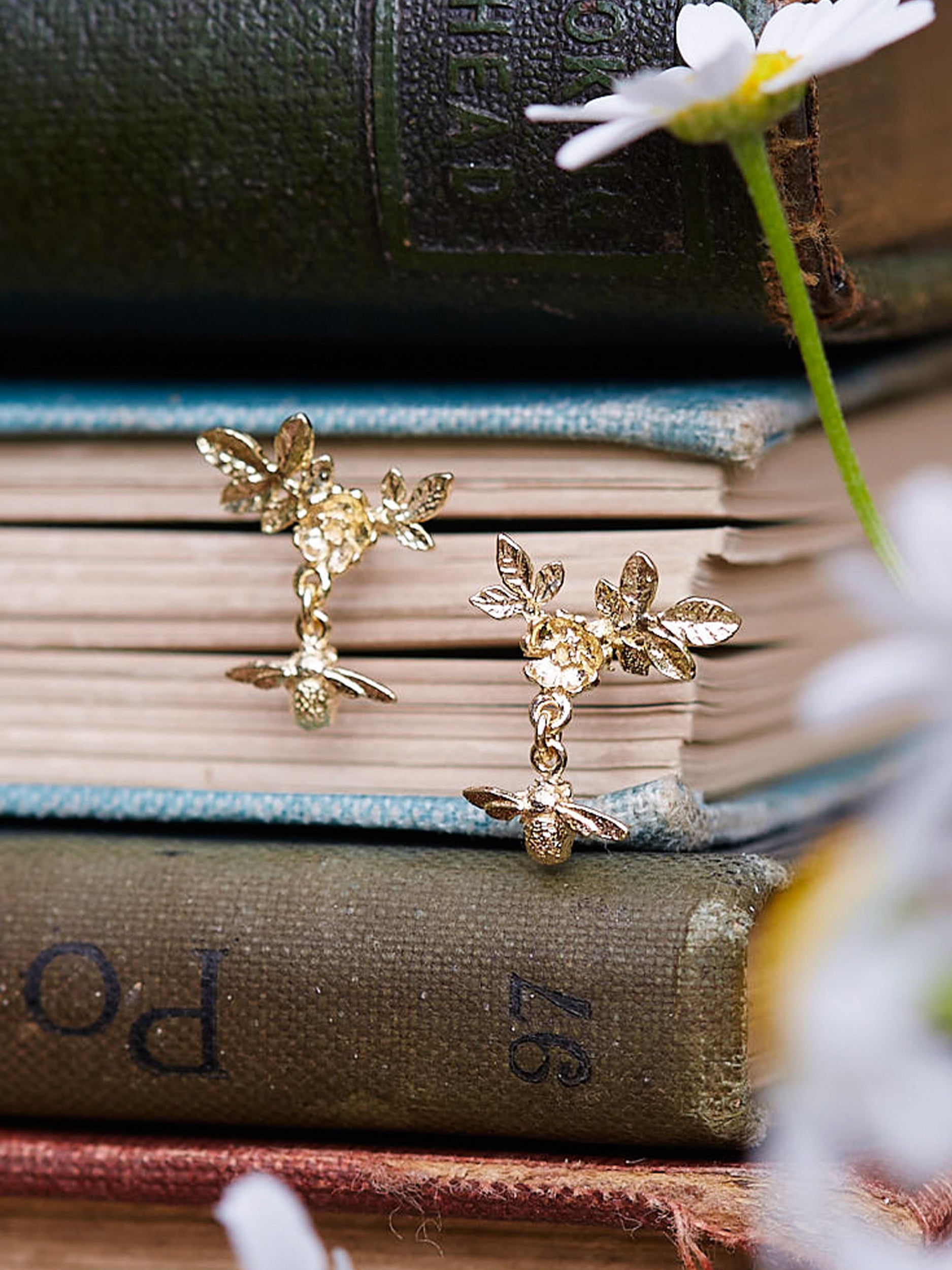 Floral Bloom Stud Earrings with Bee Drops - image 3