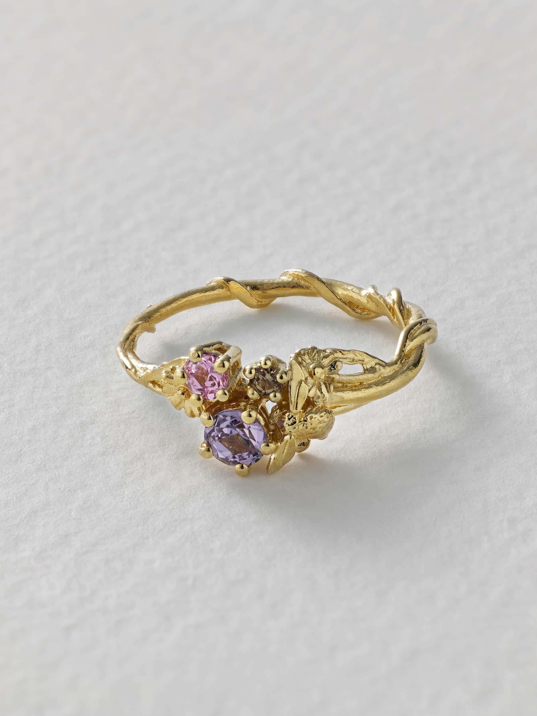 Beekeeper Lilac, Pink and Golden Yellow Sapphire Trilogy Ring - image 2 | 18ct yellow gold