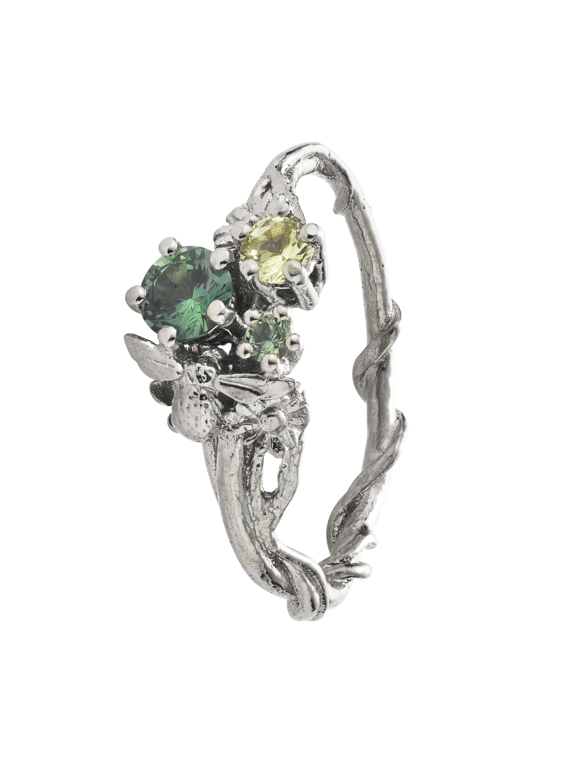 Beekeeper Apple, Green and Yellow Magacascan Sapphire Trilogy Ring - image 1 | 18ct white gold