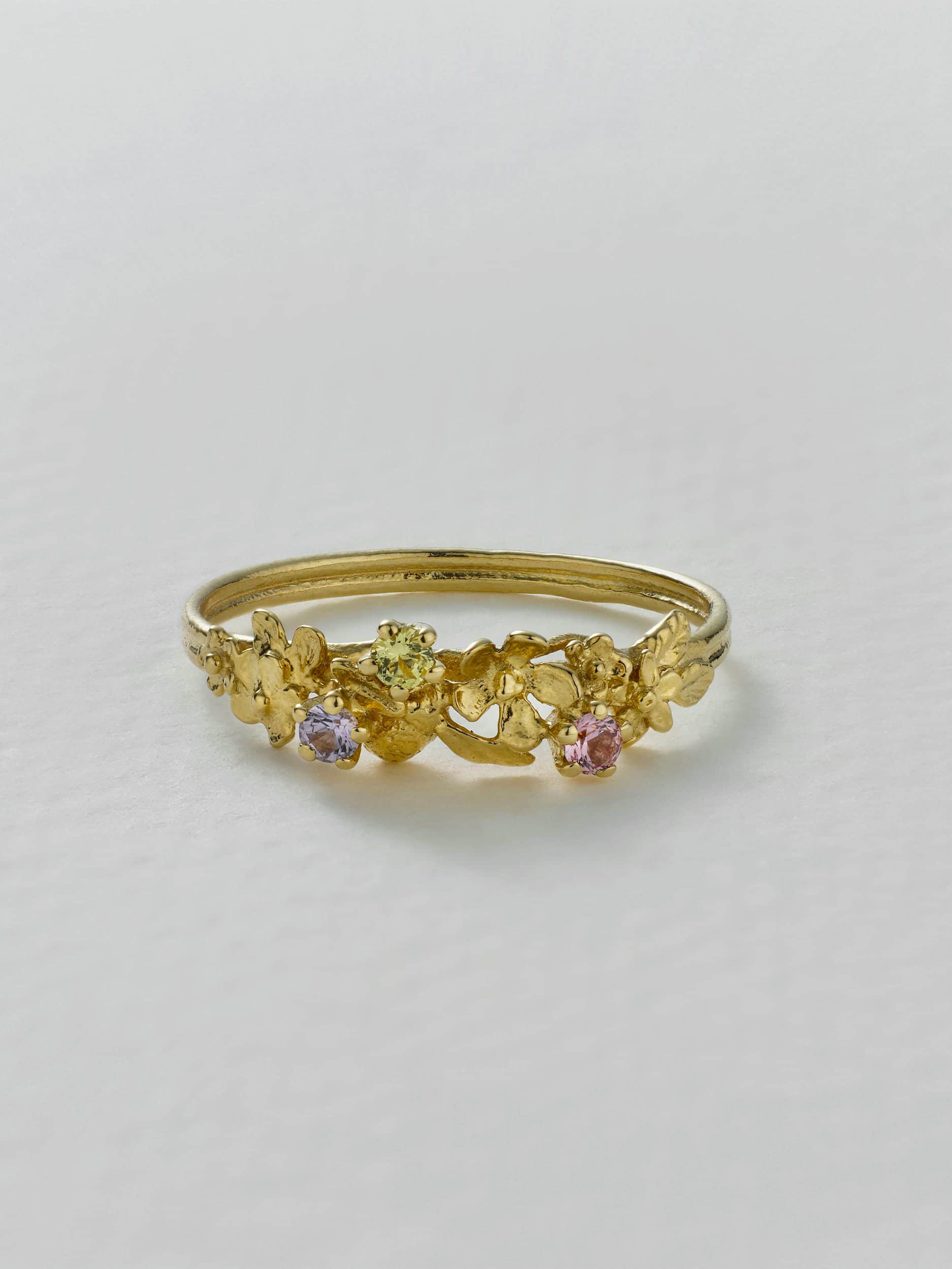 Beekeeper Pink, Purple & Yellow Sapphire Twist Ring - image 2 | 18ct yellow gold