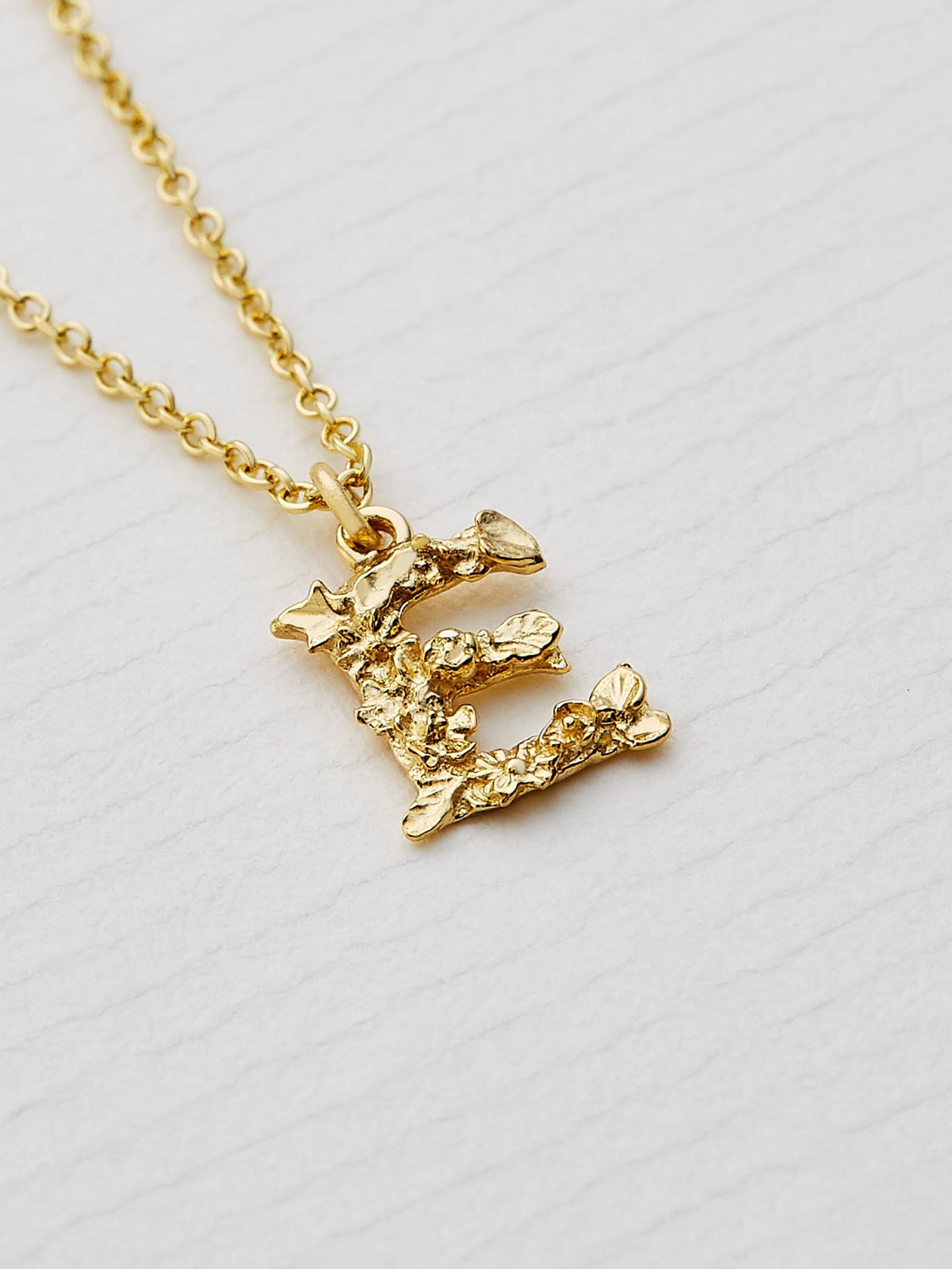 Teeny Tiny Floral Letter E Necklace - image 3 | 18ct yellow gold