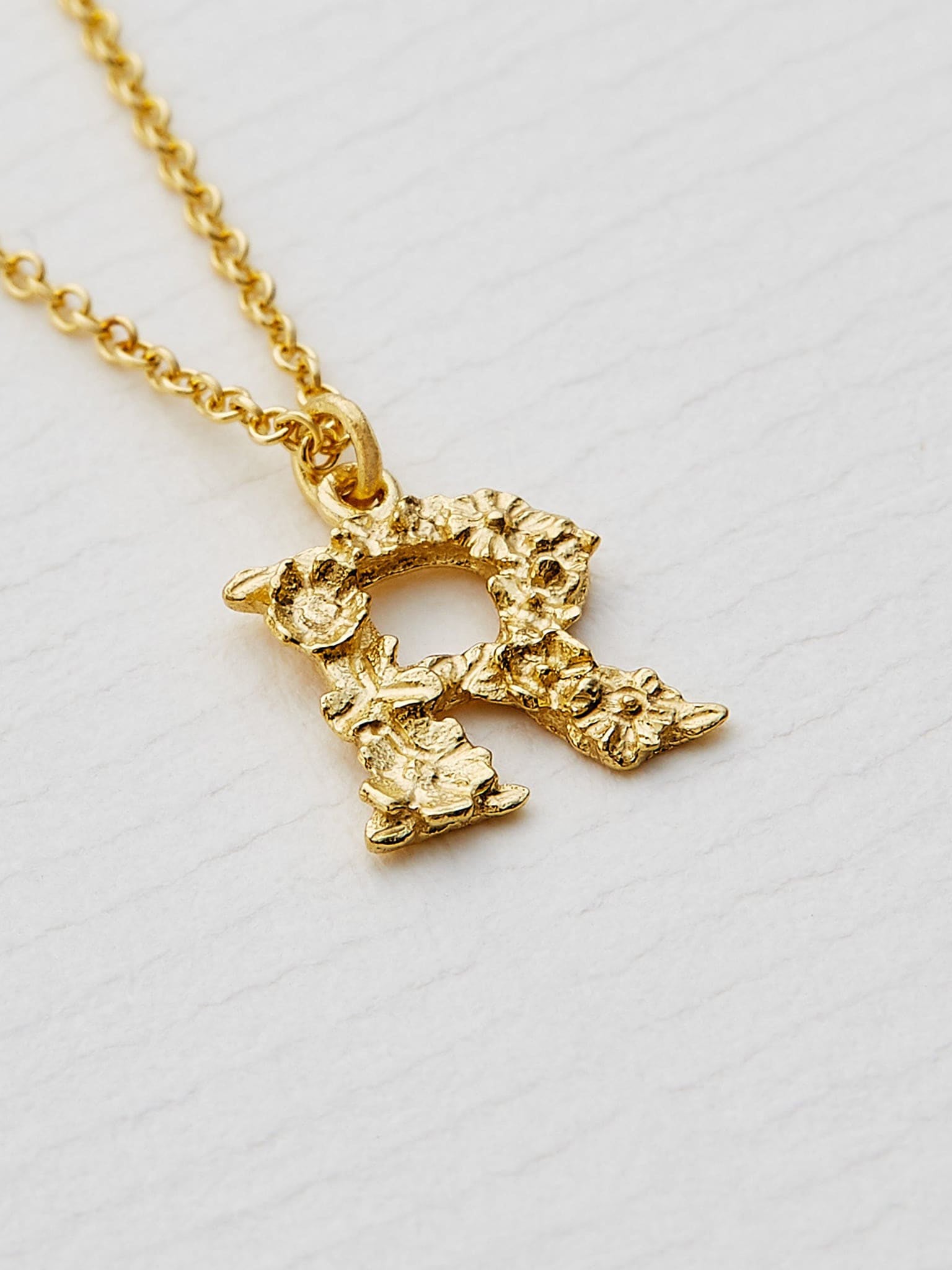 Teeny Tiny Floral Letter R Necklace - image 3 | 18ct yellow gold