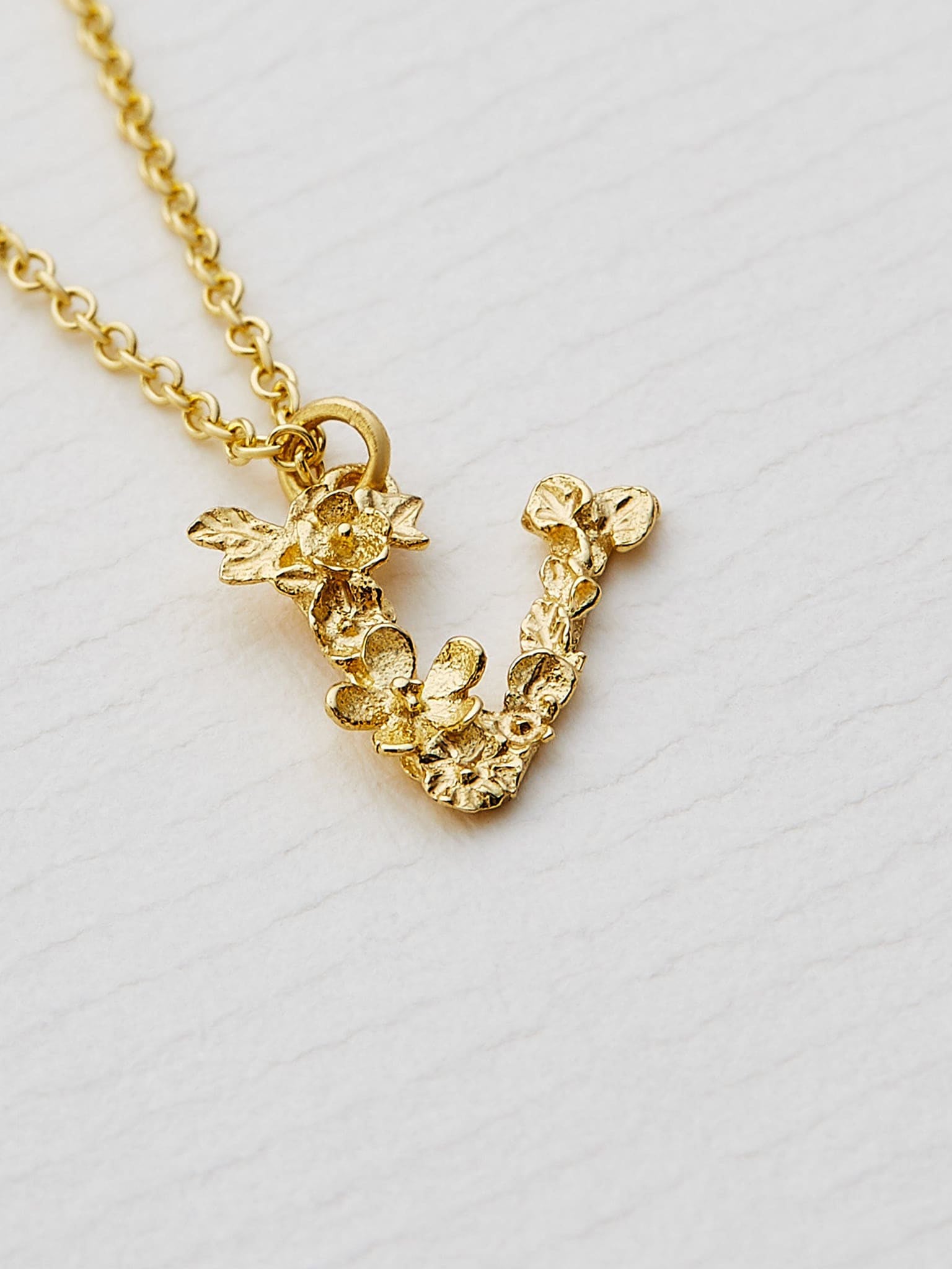 Teeny Tiny Floral Letter V Necklace - image 3 | 18ct yellow gold