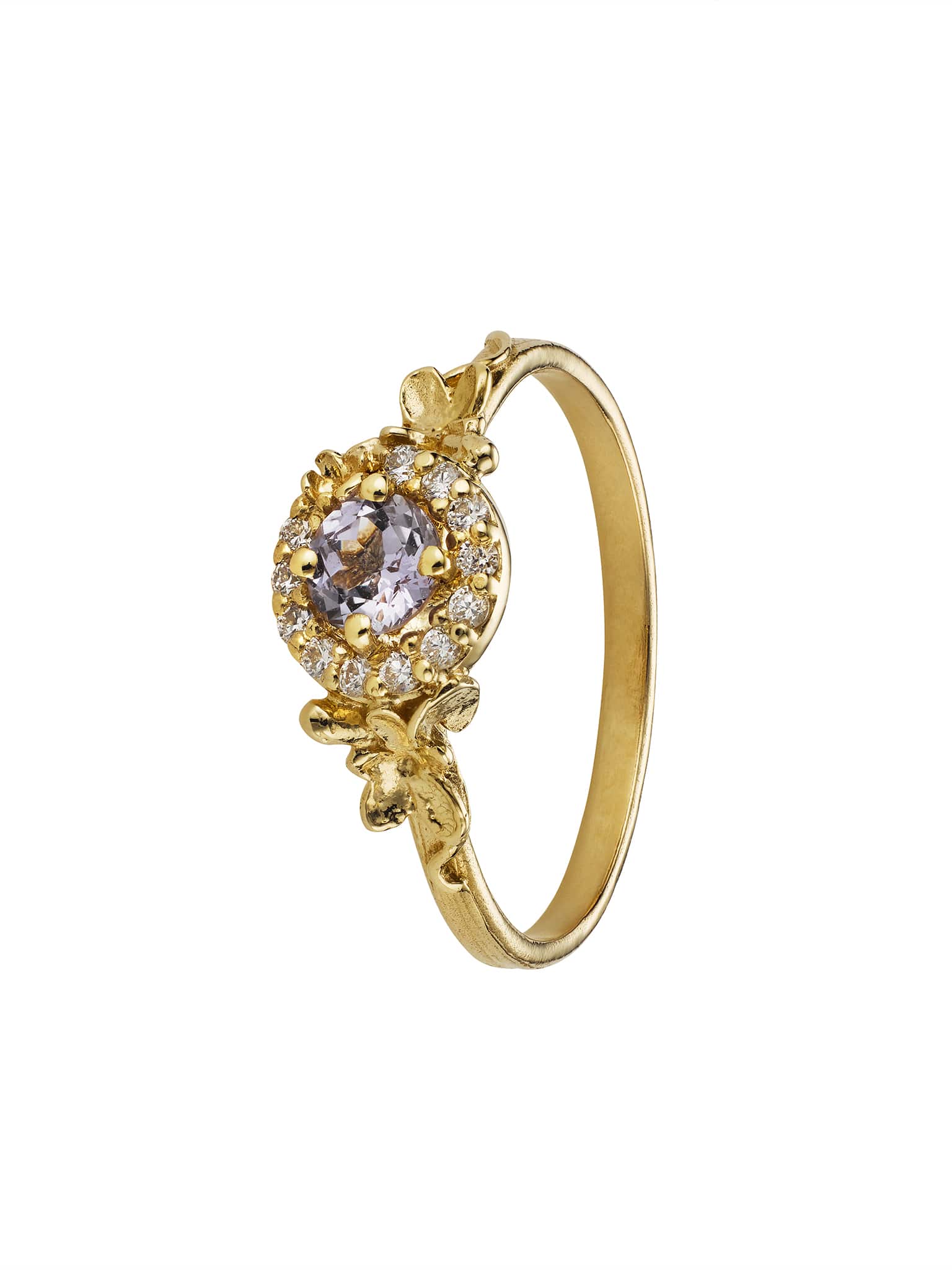 Small Spring Halo Lilac Pink Sapphire Ring - image 1 | 18ct yellow gold