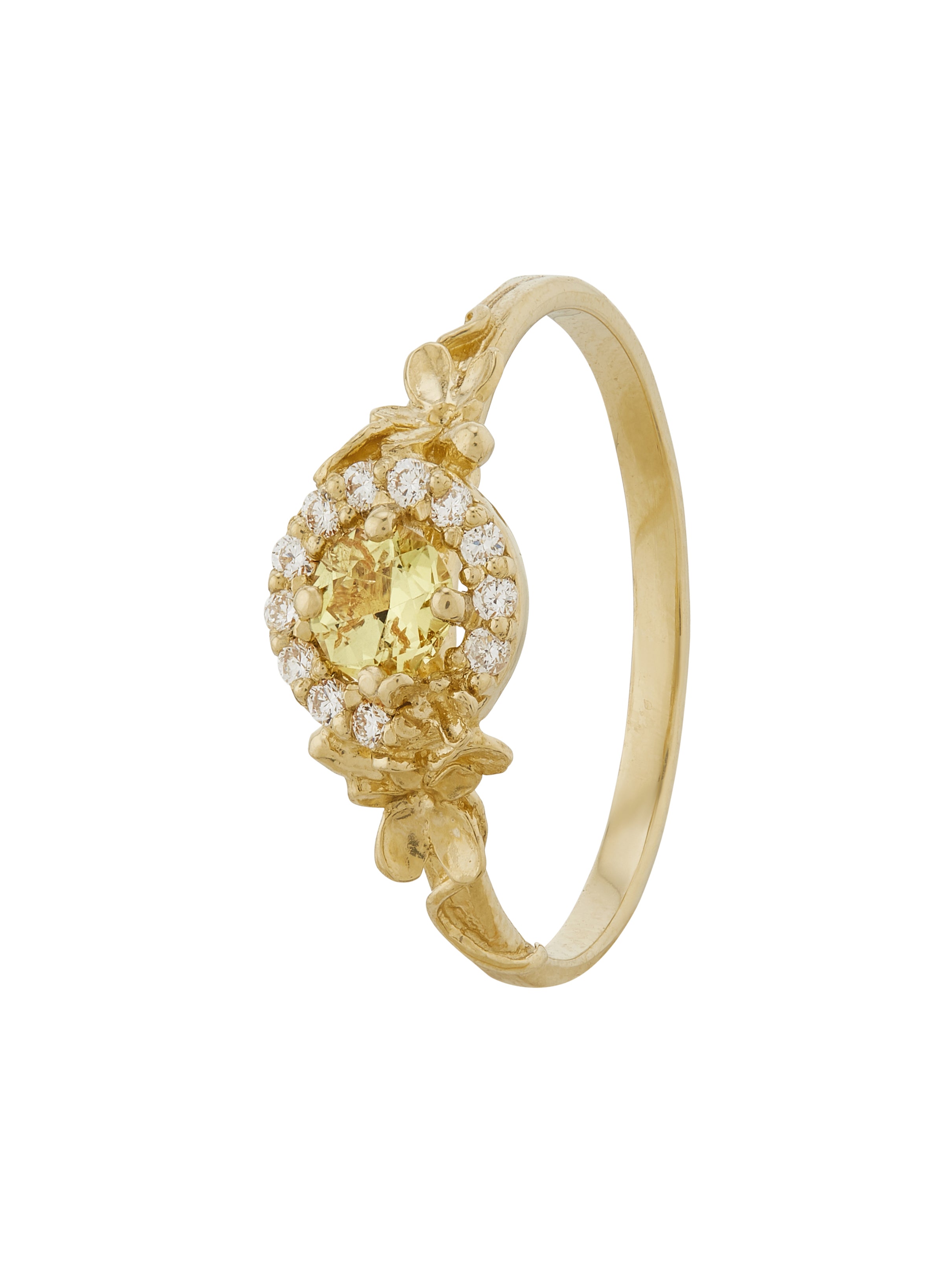Small Spring Halo Ring with 0.33ct Citrus Yellow Sapphire and Diamonds - image 1 | 18ct yellow gold