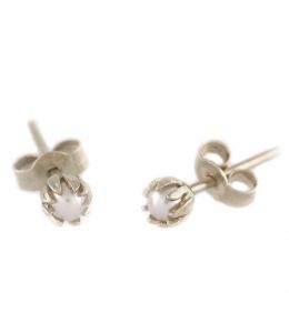 Silver Chrysanthemum Bud Pearl Stud Earrings Product Photo