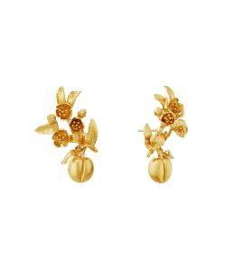 Gold Plate Peach Blossom Branch Climber Earrings with Hanging Peaches Product Photo