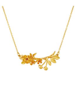 Gold Plate Cherry Blossom Branch Necklace with Hanging Cherries Product Photo