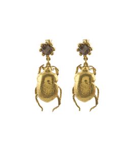 Gold Plate Dor Beetle & Smoky Quartz Drop Earrings Product Photo