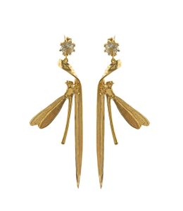 Gold Plate Damsel Fly & Grassblade Green Amethyst Drop Earrings Product Photo