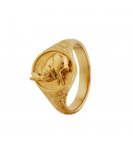 Gold Plate Ornately Engraved Signet Ring with Sleeping Hare Product Photo