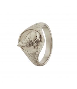 Silver Ornately Engraved Signet Ring with Sleeping Hare Product Photo