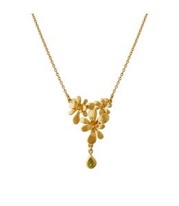 Gold Plate Leafy Rosette Necklace with Green Peridot Teardrop Charm Product Photo