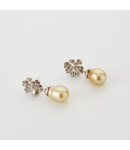 Heart Seed Flower Stud Earrings, with Golden Southsea Pearl Drops