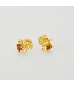 Heart Seed Flower Stud Earrings with Burnt Orange Sapphires