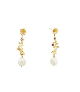 18ct Yellow Gold Drop Earrings With Dog Rose Flowers and Leaves with Madagascan Sapphires and Freshwater Pearls Product Photo