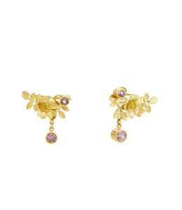 18ct Yellow Gold Crawler Drop Earrings with Dog Rose Flowers and Leaves With Bezel Set Rose Sapphires  Product Photo