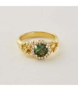 Bee and Fennel Seed Green Sapphire and Diamond Halo Ring
