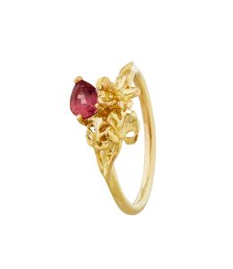 18ct Yellow Gold Tropical Hibiscus & Monstera Leaf Ring with Pink - Orange Sapphire Product Photo