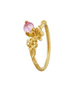 18ct Yellow Gold Tropical Hibiscus & Monstera Leaf Ring with Intense Pink Sapphire Product Photo