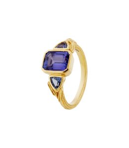 18ct Yellow Gold Fennel Seed Deco Trilogy Ring with Tanzanite and Sapphires Product Photo